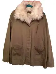 River Island Size 16 Khaki Casual JACKET Faux Fur Collar Pockets Distressed