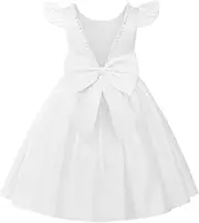 [Uhnice] Flower Girl Pearl Dress Flutter Sleeve V-Back Satin Dress with Bowknot for Wedding Birthday Party