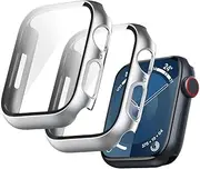 (2 Pack) T Tersely Case Compatible with Apple Watch Series 9 8 7-45mm, Built-in Thin HD Tempered Glass Screen Protector Overall Cover Replacement for iwatch S9/S8/S7 (Silver)