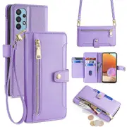 For Samsung Galaxy A32 4G (EU Version) Cell Phone Case Zipper Pocket Leather Cover with Wrist Strap