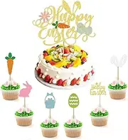 1Pcs Happy Easter Cake Topper & 12Pcs Easter Cupcake Toppers, Gold Glitter Easter Cake Topper Easter Egg Bunny Cupcake Toppers for Easter Party Cake Decorations