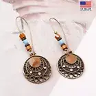 Women Vintage Bohemian Earrings Bronze Hollow Glazed Disc Sun Moon Hook 1787