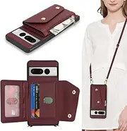 for Google Pixel 7 Pro Case with Card Holder and Strap - Zipper Pocket,Crossbody Lanyard Strap,Credit Card Holder,Cute Phone Wallet Case for Women(Wine Red)