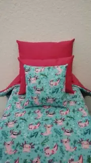 4pc Axolotl Pink Bedding Set Handmade for 18" Doll Reversible Blanket Pillows