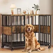 Derfullo 47" Dog Crate Furniture with Wheels, Dog Kennel Indoor with Double Trays, Farmhouse Decorative Wooden Dog Cage Table with Chew-Resistant, Rustic Brown