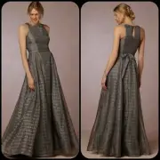 BHLDN Jeanne Maxi Dress Gown by Aidan Mattox Sliver Smoke Size 8 $465 EXQUISITE