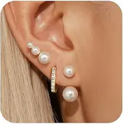 [Angelady] Pearl Stud Hoop Earrings Set for Women, Trendy Pearl Crawler Stud Earrings Stacks Gold, Dainty Pearl Earrings Jewelry for Women