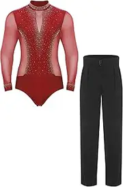 [TiaoBug] Mens 2Pcs Sparkly Latin Dance Outfits Dance Leotard Ballroom Bodysuit with Tassel Pants