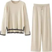 [Zadaos] Women Spring Fall Rew Neck Two Piece Knit Sweater Tracksuit Knit Casual Wide Leg Pants Set