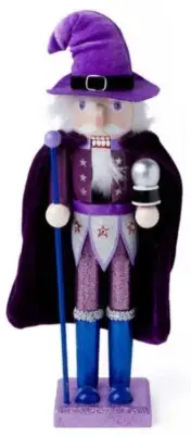 Wooden Christmas Nutcracker, 16", WHITE MALE WIZARD IN PURPLE HAT, P&T