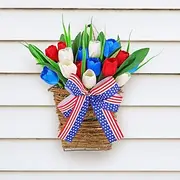 4th of July Patriotic Tulip Wreath Wall Hanging, Red White Blue Artificial Flower Garland, American Flag Door Decor for Independence Day Indoor Outdoor Display