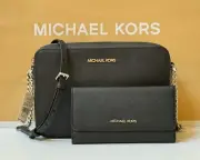 MICHAEL KORS JET SET ITEM EAST WEST CROSSBODY BAG + TRIFOLD WALLET BLACK/ SILVER