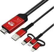 3-in-1 Phone to TV HDMI Adapter 2K@60Hz/1080P | Lightning+Type-C to HDMI for iPhone/Android/Samsung | Plug & Play, Video Audio Mirroring, HDMI Cable Compatible iPhone 15/14/S24/S23 & Tablets