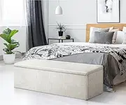 OIKITURE Storage Ottoman Bench with Hinges, Foot Stool with Lift-up Seat, Large Storage Ottoman with Foam, Ottoman Footrest for Bedroom, Dorm, Living Room, Blanket Box Chest, Beige
