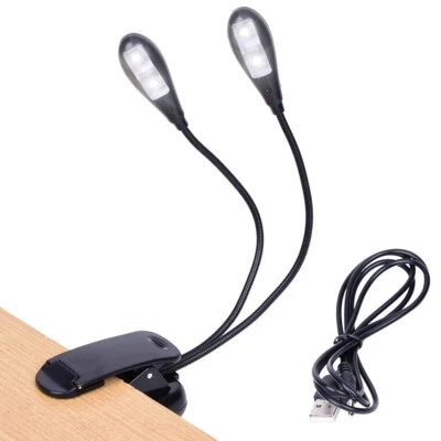 LED Book Light Dual Arm Music Stand Light Battery USB Reading Lamp Clip-on Light