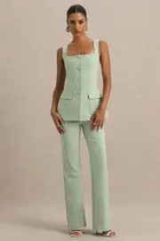 Aceline | Light Green Square-Neck Tailored Jumpsuit