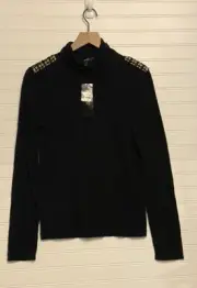 BCBG Paris Womens L Black Turtleneck Sweater Gold Thread Black Beaded Shoulder