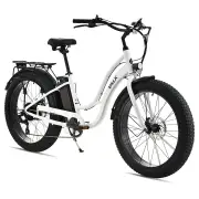 VALK Electric Fat Tyre Cruiser Bike, with Throttle, Step-Through eBike, White