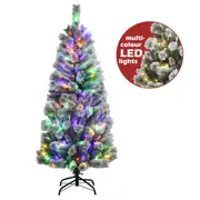 Costway 1.5M/5FT Pre Lit Christmas Hinged Snowy Xmas Tree Mixed Fluffy Tips w/LED Lights&Remote Office Party Xmas Home Decor