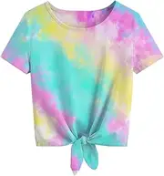 [Jorssar] Girls Tie Dye Shirts Short Sleeve T-Shirt Casual Tie Hem Tee Tops Size 5-12 Years