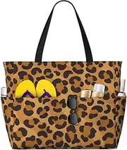 [Ghjkfbf] Yellow Leopard Print Large Capacity Beach Travel Bag For Family, Beach Tote Bag For Women With Zipper Pockets, Black, One Size