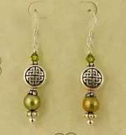 Silver Celtic Knot beaded earrings w/ green pearls & Swarovski crystals