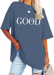 [Godoboo] Women's Oversized Letter Print Crew Neck Short Sleeve Tops Cotton T-Shirt Short Sleeve Casual Loose Blouse Sport Summer Casual Tops Shirt Plain for Teenage Girls, Blue, XXL