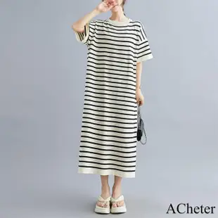 【ACheter】針織條紋圓領短袖連身裙長版寬鬆洋裝#121470(白/黑/黑白/杏)