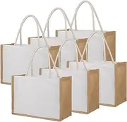 [TOPTIE] 6 PCS Canvas Jute Tote with Cotton Handles, Sustainable Grocery Shopping Bags