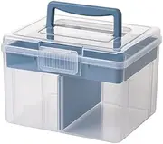 FOREVERIE Clear Small Plastic Storage Box with Handle & A Removable Tray & Adjustable Divider, Kids Students Children Art Box, Desk Organiser Case, Medicine Storage Box (Clear & Ocean Blue)