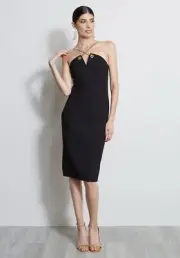 NWT Eli Tahari Black V Neck Gold Chain Straps Slim BodyCon Dress Sz 2
