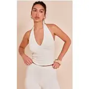 Cream Halter Neck Textured Plunge Crop Top, Cream