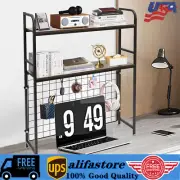 2-Tier Tabletop Bookshelf Rack+4* Hooks Adjustable Holder Countertop Shelf Stand