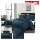 Lightweight King Size 3-Piece Cotton Quilt Set - Dark Blue Geometric Design