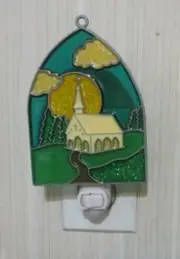 CHURCH SCENE WITH A DARK BLUE SKY NIGHTLIGHT (RELIGIOUS SUNCATCHER LIGHT)