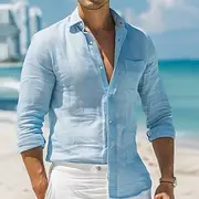 Men's Shirt Linen Shirt Summer Shirt Beach Shirt Plain Holiday Daily Wear White Light Green Pink Blue Long Sleeve Turndown Summer Spring Fall Clothing Appare