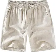 [Aosufei] Men's Cotton Linen Retro Soprts Shorts Lightweight Loose Elastic Waist Shorts Quick Dry Drawstring Beach Shorts