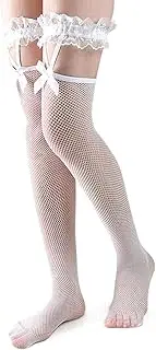 [changyexi] Thigh High Fishnet Stockings with Lace Top, White, Sheer Mesh Pattern, White, One Size