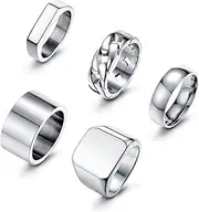 [Sanfenly] 5 PCS 14K Gold Rings for Men Mens Gold Ring Mens Stainless Steel Rings Square Signet Rings Pinky Thumb Ring Chunky Thick Band Cuban Link Chain Ring Cool Finger Ring Wedding Band Ring for
