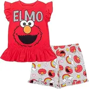 [Sesame Street] Elmo Girls Ruffle Short Sleeve T-Shirt and French Terry Shorts Set