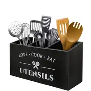 Catzon 3 Compartments Utensil Holder Wooden for Countertop Storage-Black