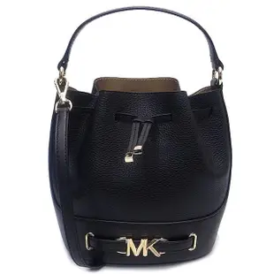 【Michael Kors】新款金屬MK LOGO全皮革手提斜背兩用水桶包(黑)