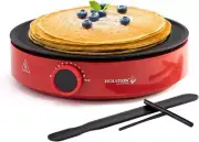 Holstein Housewares 12” Crepe Maker - Adjustable Temperature Control - Red