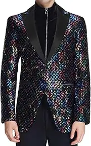 [Yhong] Men Shiny Sequin Blazer Outerwear One Button Long Sleeve Slim Fit Sport Coats Formal Dressy Suit Jacket
