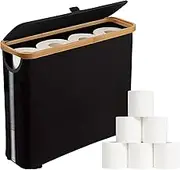 Toilet Paper Storage Basket, Papers Container with Bamboo Lid and Handle, Free Standing Toilet Paper Holder Stand, Bathroom Organizer Cabinet Container Accessories, Black