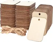 100 Pcs Unfinished Wood Pieces Rectangle-Shaped, Light Wooden Cutout Natural Rustic with Hole, and 2M Hemp Rope, for Craft Projects, Hanging Decorations, Painting, Staining (2" x 1.3")