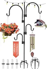 Garden Shepherd Hooks, 2 Pieces 60 Inch Metal Garden Stake with Heavy Duty Rust Resistant Hooks with 5 Prong Base Shepherds Crook Hook for Solar Lights, Plant Baskets, Lanterns, Bird Feeders