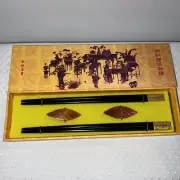 Wood & Metal Chopsticks w/ Leaf Rests 2 pair in a beautiful Wooden Gift Box