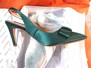 ERIJUNOR POINTY TOE W BOW DRESS SHOES ANKLE STRAP SATIN GREEN SZ 9 CLOSED TOE
