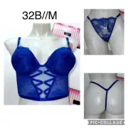 Victoria's Secret Blue Lace Bra & Panty Set corset bombshell SZ 32B/M NEW